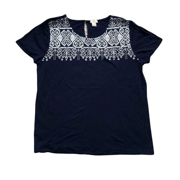 J. Crew Factory Tops - J Crew Navy Blue Embroidered Short Sleeve Shirt Crew Neck Lightweight Medium